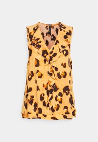 Sleeveless top in orange with brown leopard spots, featuring a deep V-neck and ruffled trim along the neckline. Smooth fabric with a relaxed fit.