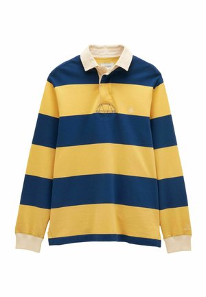 Langärmliges Rugbyshirt mit breiten horizontalen Streifen in Marineblau und Gelb, weißem Kragen und einem kleinen, auf der Brust gestickten Logo.
