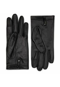 Gants en cuir noir avec une texture lisse, un design à quatre doigts et un petit détail découpé au niveau du poignet. Pas de matériel visible ni de motifs.