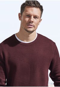 Burgunderfarbenes Sweater mit horizontaler Ripptextur, rundem Halsausschnitt und weißen Innenkragen-Details, im entspannten Schnitt.