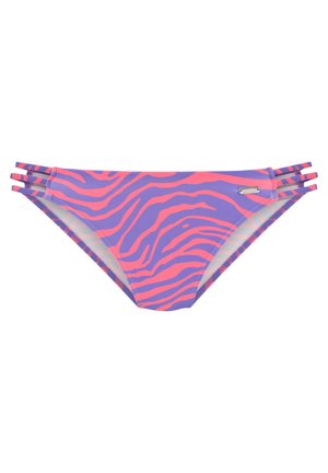 Bikini onderkant met een paars en roze zebra-strijkpatroon, voorzien van drie gestrikte zijaccenten en een gladde, rekbare stof.