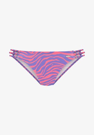 Bikini onderkant met een paars en roze zebra-strijkpatroon, voorzien van drie gestrikte zijaccenten en een gladde, rekbare stof.