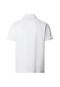 Polo bianca a maniche corte vista da dietro con colletto classico e orlo dritto su uno sfondo semplice.