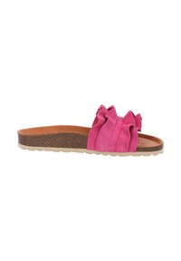 Roze suede instap sandaal met gekreukte accenten, een beige gevoerd voetbed en een bruine structuurzool. Plat met een casual ontwerp.