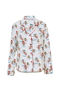 Camisa de pijama de mangas largas en blanco con un estampado de muñecos de nieve, acentuada con ribetes y botones rojos, hecha de una tela suave.