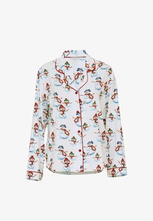 Wit pyjamahemd met lange mouwen en een sneeuwmanpatroon, afgewerkt met rode biezen en knopen, gemaakt van zachte stof.