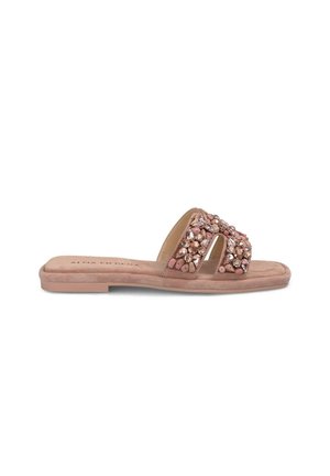 Sandalias de tiras abiertas en los dedos con dos tiras adornadas, que presentan un material suave similar al ante en color rosa claro y piedras decorativas en diferentes tonalidades.
