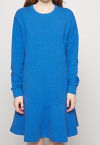 Sininen college-mekko pitkillä hihoilla, pyöreällä kaula-aukolla ja kellottavalla helmalla. Valmistettu pehmeästä kankaasta, jossa on sileä pinta. Ei kuvioita tai koristuksia.