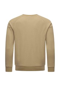 Sudadera beige con tejido texturizado, cuello redondo y puños y dobladillo acanalados. Presenta mangas raglán para un ajuste relajado.