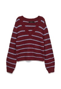 Burgundy gestrickter Pullover mit blauen horizontalen Streifen, V-Ausschnitt und langen Ärmeln. Grobe Textur, verkürztes Design.