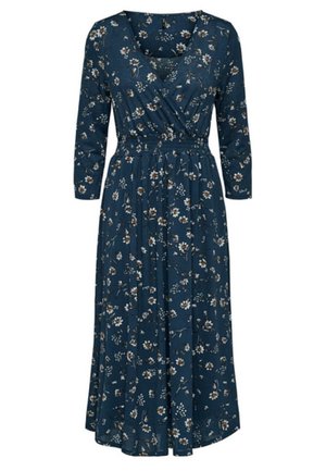 Blaues Blumenkleid mit dreiviertellangen Ärmeln, Wickeldesign, geraffter Taille, knielangem Rock, mit weißen und braunen Blumenmustern.