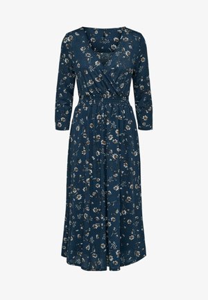 Blå blomsterkjole med trekvartlange ærmer, slå-om-design, rynket talje, knælængde nederdel med hvide og brune blomsterprint.