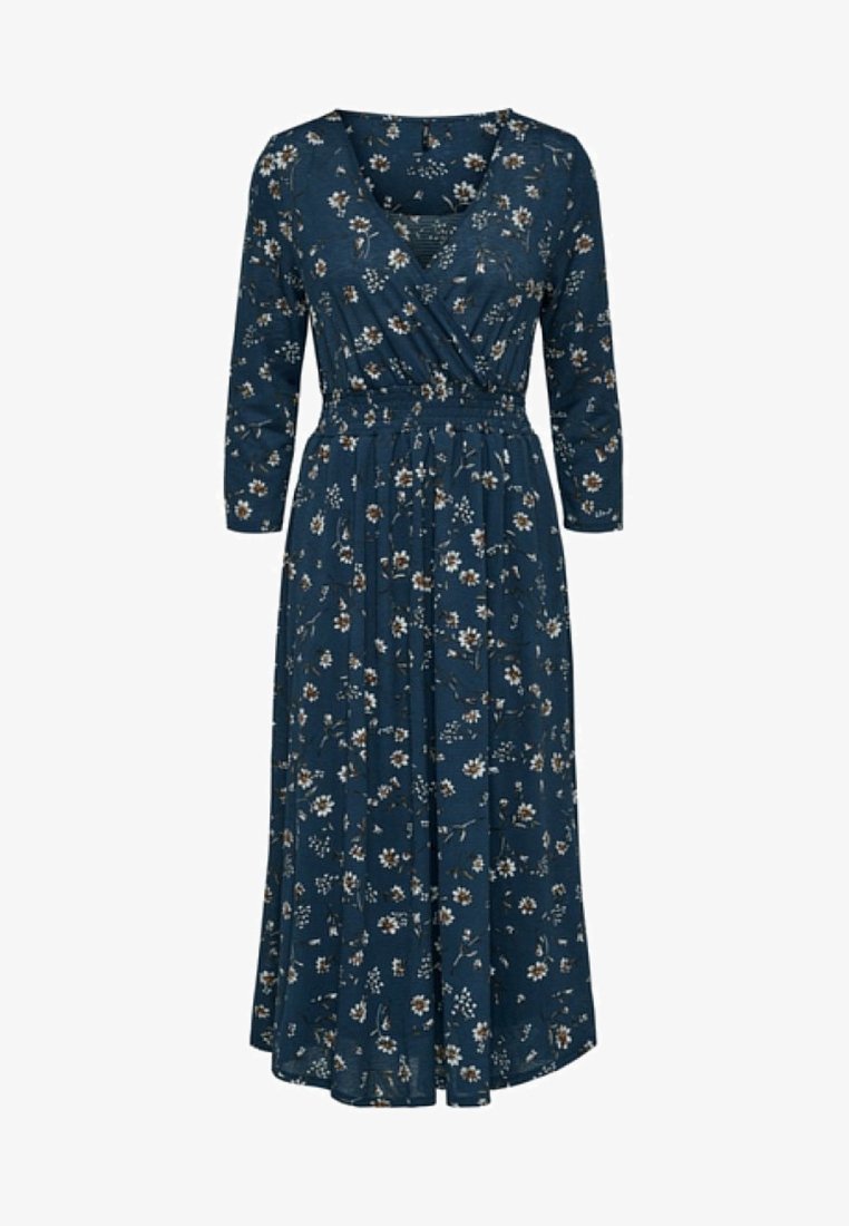 Robe fleurie bleue à manches trois-quarts, avec un design portefeuille, une taille froncée, une jupe longueur genou, ornée de motifs floraux blancs et bruns.