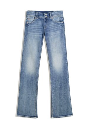 Jasnoniebieskie jeansy z denimu z lekkim spraniem na udach, przednimi kieszeniami, szlufkami na pasek i podwójnym zapięciem na guziki.