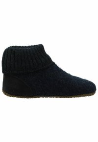 Dunkelblaue Filzslipper mit einem gerippten schwarzen Strickbund, abgerundetem Zehenbereich und einer strukturierten Sohle für besseren Halt, ausgestattet mit einem eleganten, minimalistischen Design.