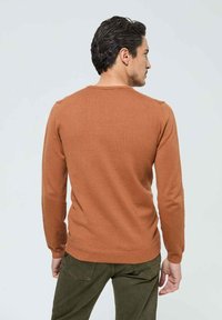 Pull en maille marron avec des manches longues et un décolleté rond, fabriqué en tissu doux. Détails côtelés visibles le long des poignets et de l'ourlet.