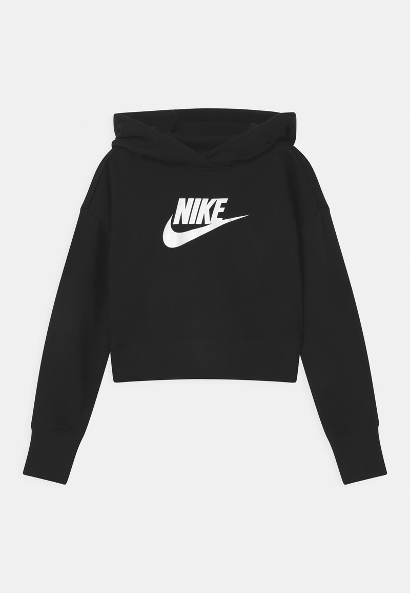 Melnā kārtā jaka ar īsām piedurknēm, izgatavota no mīksta auduma, ar priekšējo kangaroo kabatu, garām piedurknēm un baltu Nike logotipu centrā.