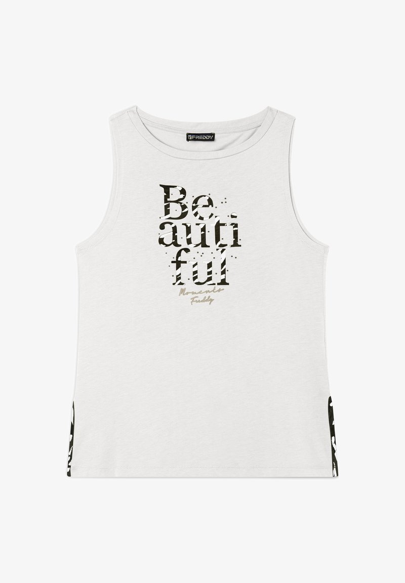 Canotta bianca senza maniche con testo grafico nero "Be autiful." Gli accenti laterali presentano motivi neri. Realizzata in tessuto morbido, vestibilità regolare.