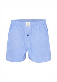 Lichtblauwe katoenen boxers met een elastische tailleband, enkele knoopsluiting en een geweven label aan de voorzijde in het midden. Geweven stof.
