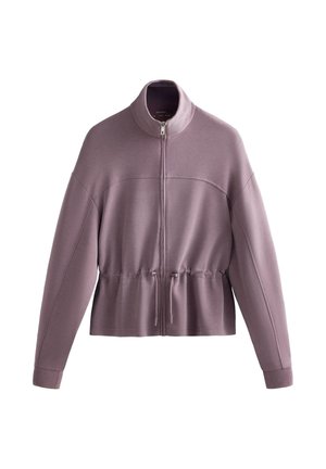 Mauve long-sleeve zip-up jacket with stand collar and adjustable drawstring waist, displayed on white background.