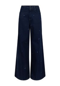 Wijdvallende jeans van donkerblauwe denim, met een subtiel vogels patroon, hoge taille en voorzakken.