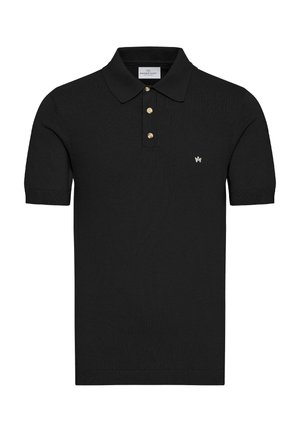 Schwarzes Poloshirt aus geripptem Stoff. Verfügt über einen klassischen Kragen, drei goldene Knöpfe und ein kleines weißes Logo auf der linken Brust.