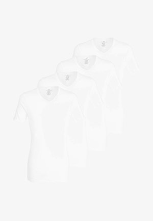 Paquet de quatre T-shirts à col V blanc à manches courtes. Fabriqués en coton, ils présentent une texture lisse et un design simple. Étiquettes visibles à l'intérieur des cols.