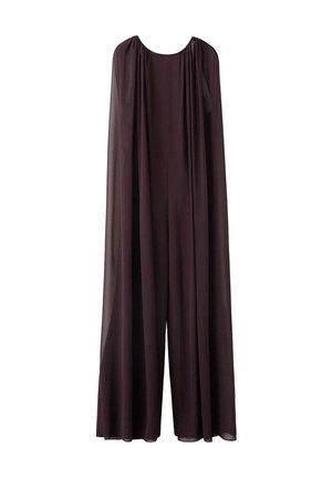 Dunkellila ärmelloser Jumpsuit mit weiten Beinen und transparentem Überwurf, der von den Schultern seitlich herabhängt.