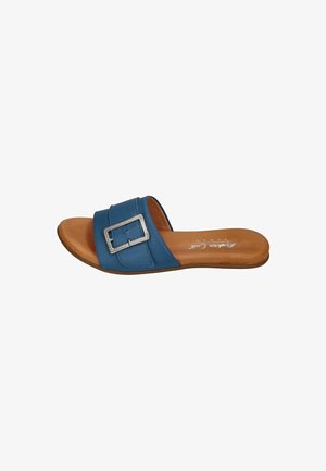 Blue slide sandal with a wide strap featuring a silver rectangular buckle. Soft leather upper, tan insole, and flat rubber outsole.