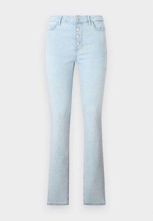 Gaiši zili džinsi no denima ar augsto jostasvietu un pieciem metāliskiem pogām priekšā, ar plašu kāju siluetu.