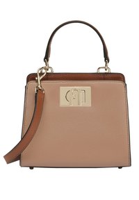 Tan leather handbag with a structured design, yellow gold hardware, top handle, and removable strap. Features a logo detail on the front.