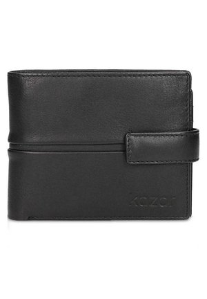Black leather wallet with a smooth texture, featuring a simple design, a clasp closure, and embossed brand logo.