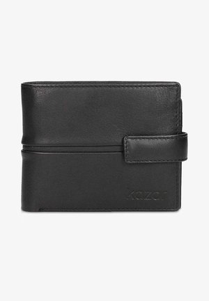 Zwarte lederen portemonnee met een gladde textuur, voorzien van een eenvoudig ontwerp, een klittenbandsluiting en een reliëfmerklogo.