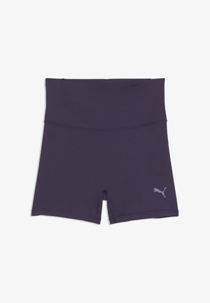 Mörklila träningsshorts med hög midja, platta sömmar och en liten ljuslila Puma-logotyp på vänstra benets nedre del.