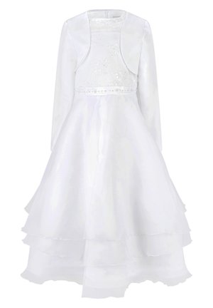 Weißes, mehrlagiges Tüllkleid mit langen Ärmeln, floraler Spitzen-Bodice und passendem Bolerojäckchen, geeignet für formelle Anlässe.