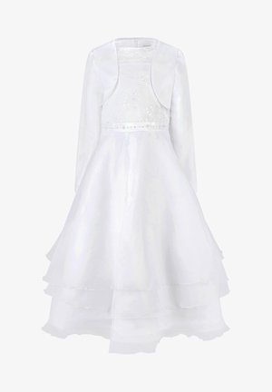 Weißes, mehrlagiges Tüllkleid mit langen Ärmeln, floraler Spitzen-Bodice und passendem Bolerojäckchen, geeignet für formelle Anlässe.