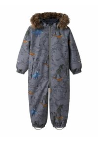 Grå one-piece jumpsuit med dinosaurtryck i olika färger. Har en huva med fuskpälsfoder och elastiska muddar vid anklarna.