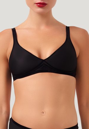 Schwarzer Bralette aus glattem, elastischem Material; mit dünnen Trägern und einem dreieckigen Cup-Design mit subtilen Nahtdetails.