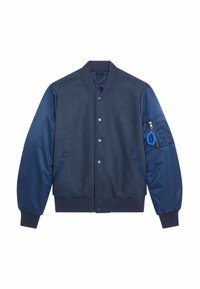 Veste universitaire bleu marine avec corps en laine, manches en satin, boutons-pression, poches latérales et une poche zippée sur le bras gauche.