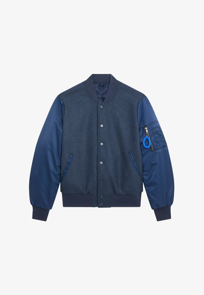 Veste universitaire bleu marine avec corps en laine, manches en satin, boutons-pression, poches latérales et une poche zippée sur le bras gauche.