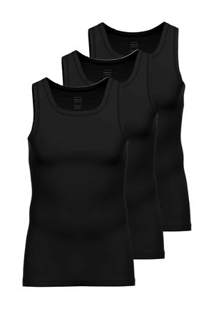Schwarze Tanktops im Dreierpack, mit körperbetontem Schnitt, geripptem Halsausschnitt und glatter Textur. Keine Grafiken oder Verzierungen.