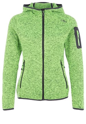 Grøn strikket hættetrøje med lynlås, sort kant, to forlommer med lynlås og en lynlåslomme på venstre ærme.