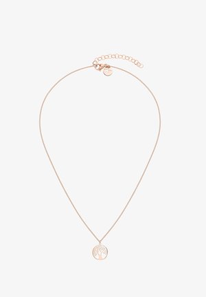 Rosaguld halskæde med en delikat kæde og et cirkulært vedhæng med et trædesign. Justerbart lukning med et lille mærke.