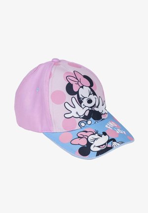 Roze pet met een gebogen blauwe rand, featuring Minnie Mouse afbeeldingen en stippen. Gemaakt van stof met een gladde textuur.