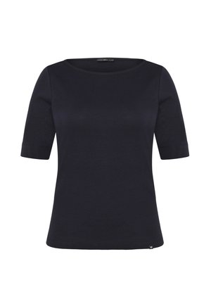 Haut noir pour femme à manches courtes, col rond, coupe ajustée, avec une petite étiquette de marque en bas à droite.