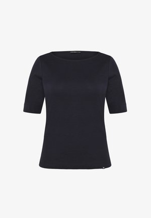 Black short-sleeve women's top with round neckline, fitted cut, and small brand tag at the bottom hem on the right side.