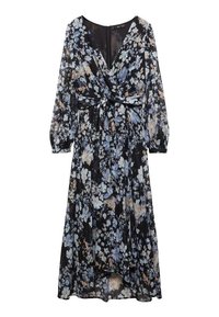 Vestido cruzado en negro con estampado floral en azul, blanco y durazno. Mangas largas, cintura con lazo, escote en V y tejido fluido y ligero.