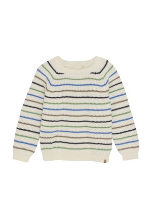 Pull en maille crème avec des rayures multicolores : vert, bleu, marron et noir. Il présente un col rond et des poignets côtelés.