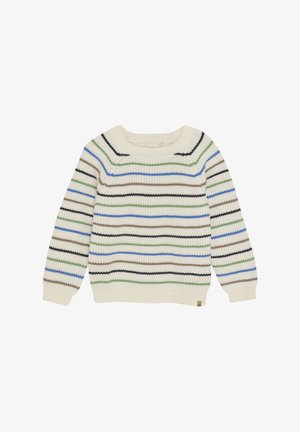 Gebreide pullovertrui in crème met meerkleurige strepen: groen, blauw, bruin en zwart. Heeft een ronde halslijn en geribde manchetten.