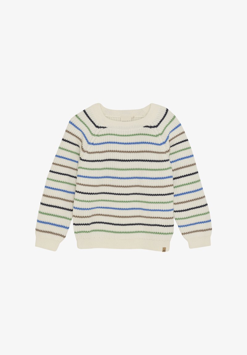 Sweter z dzianiny w kolorze kremowym z wielokolorowymi paskami: zielonym, niebieskim, brązowym i czarnym. Posiada okrągły dekolt i ściągacze przy mankietach.